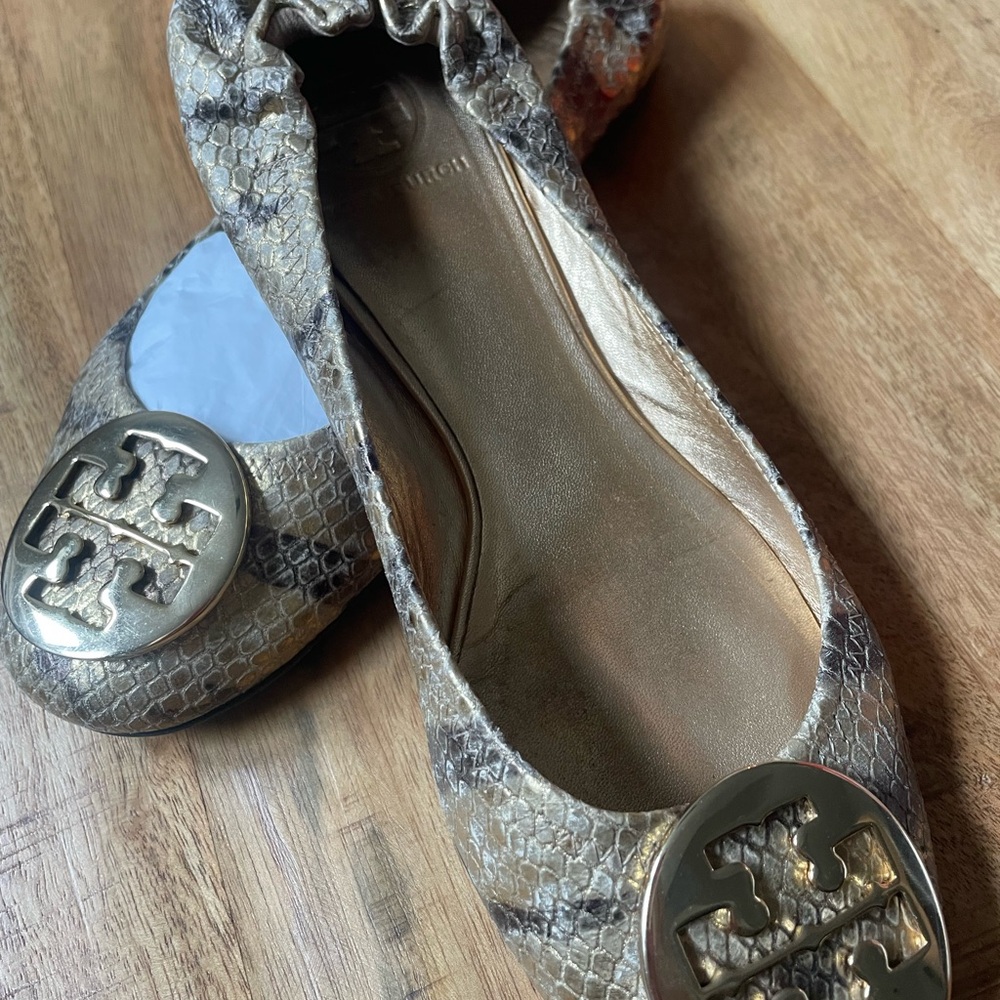 Tory Burch Gold and Gray Snakeskin Flats